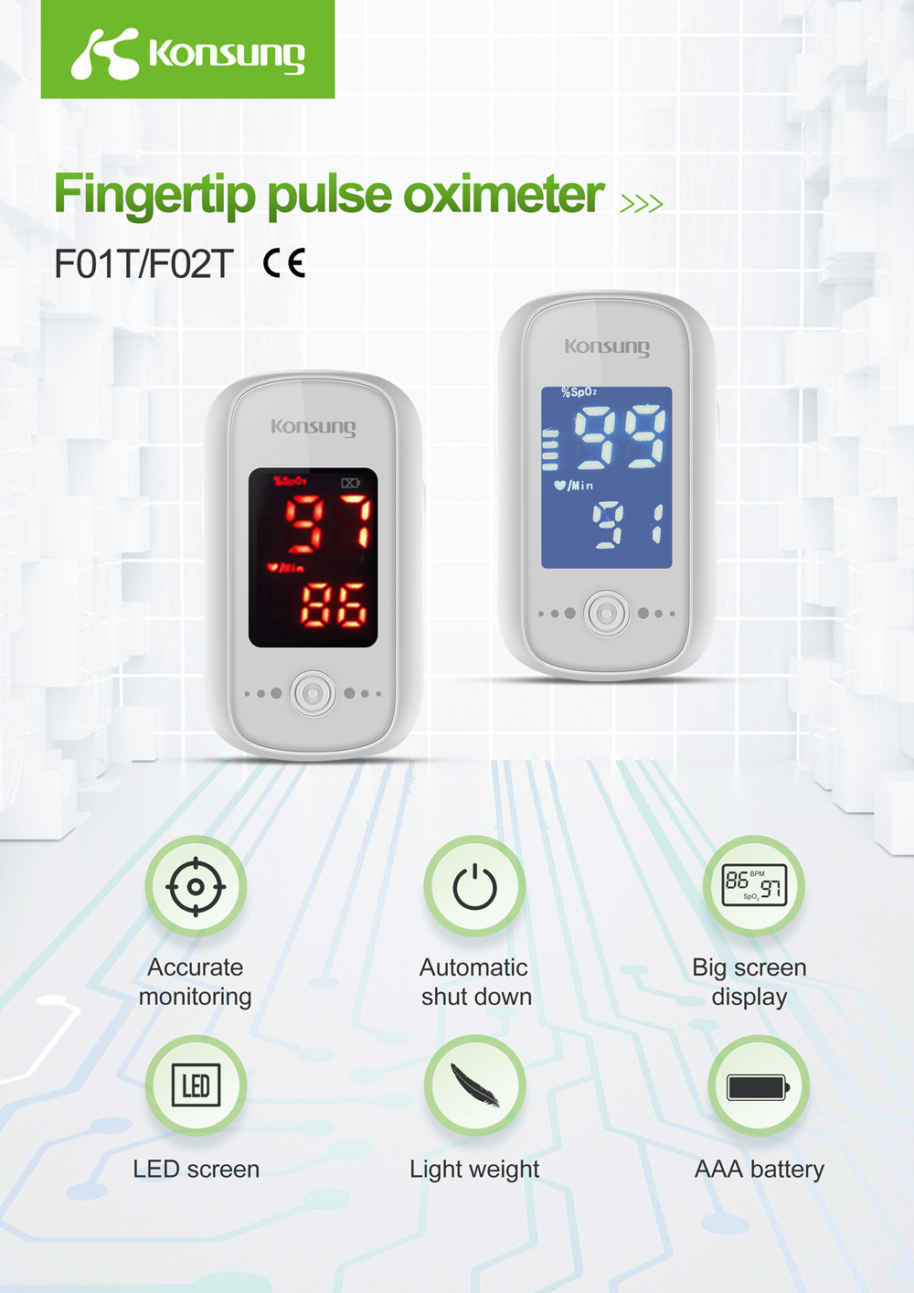 Sonosat-F02t Ekonomija Točni rezultati OLED kompaktni dizajn Pulsni oksimetar na vrhu prsta sa suhim baterijama